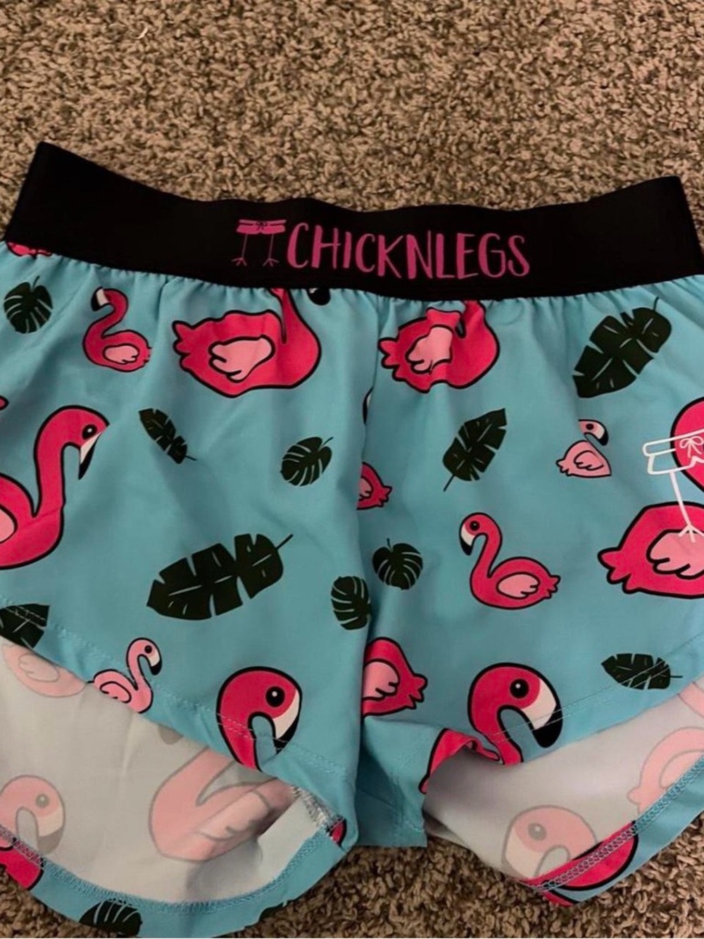 Chicknlegs Women's Athletic Shorts in Teal with Pink Flamingo Print
